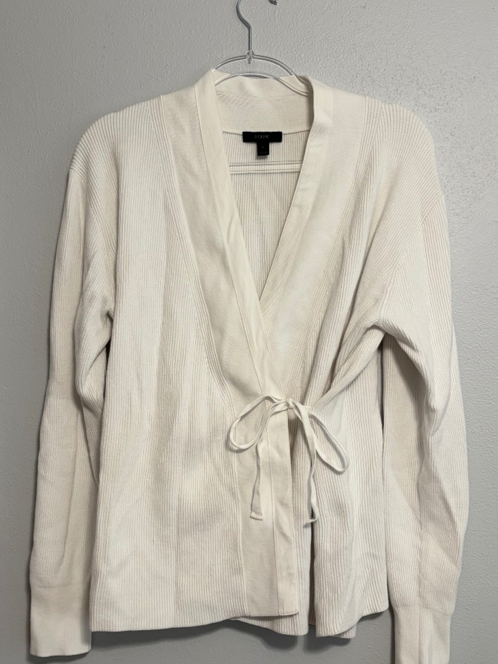 J.Crew White Cotton Blend Ribbed Wrap Tie Cardigan Sweater L